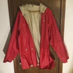 red and beige raincoat